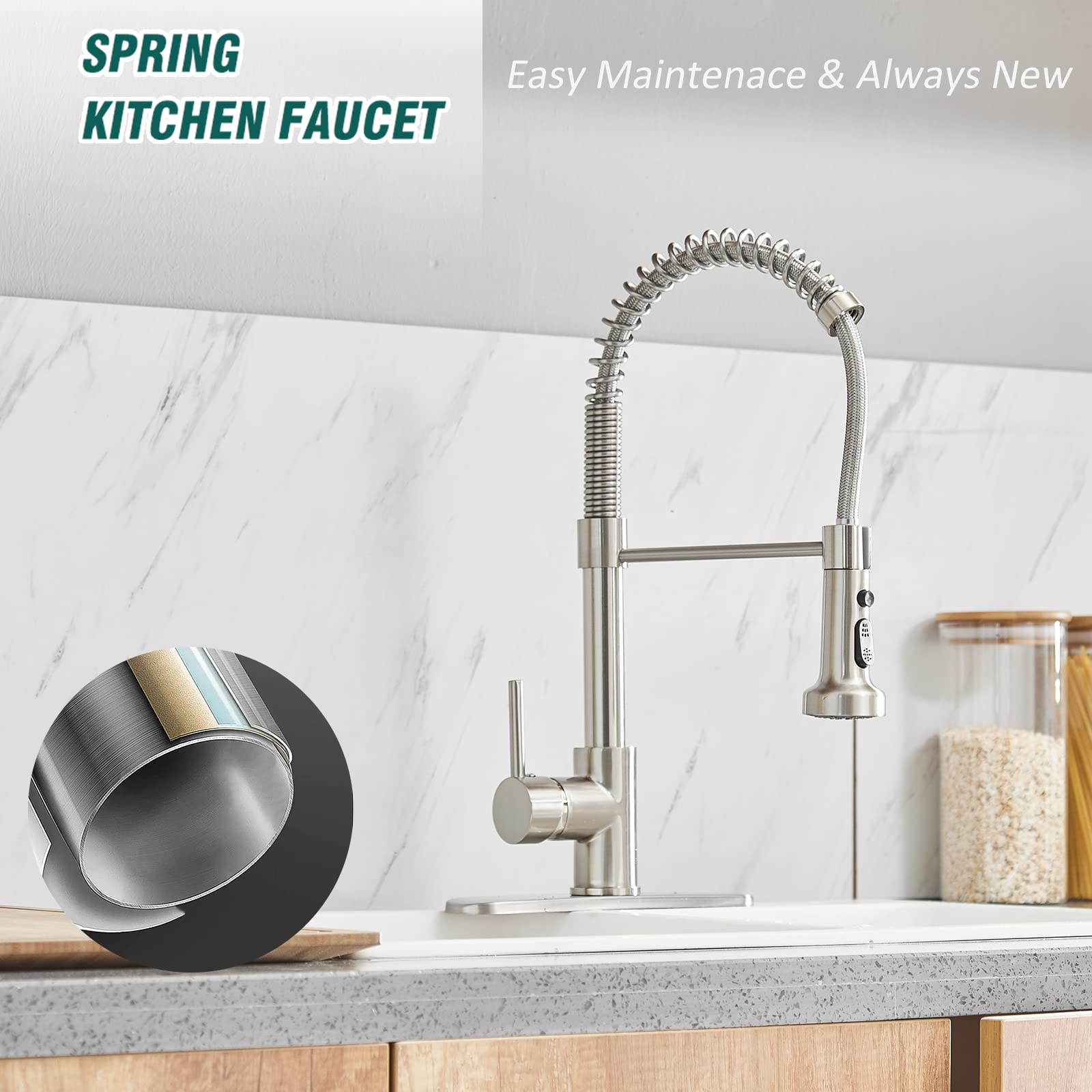 Hoimpro Brass Spring Kitchen Faucet With Pull Down Sprayer With Cover Plate, Rv Kitchen Sink Faucet With Cupc Hoses ,3 Function